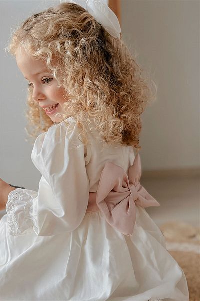 Le Mabelle Ecru Vintage Girls' Dress with Pearls on the Front - Joana