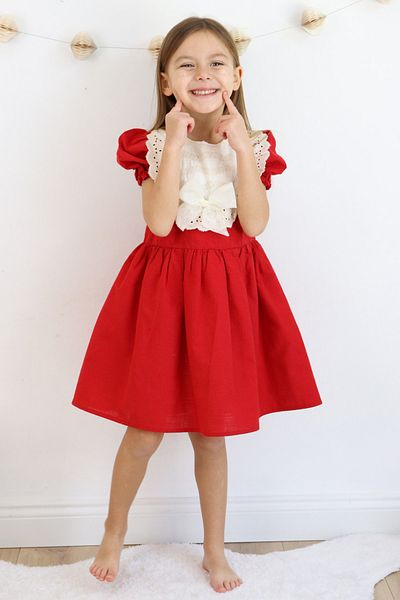 Le Mabelle Red Short Sleeve Scallop Detailed Bow Girl's Dress - Rosa