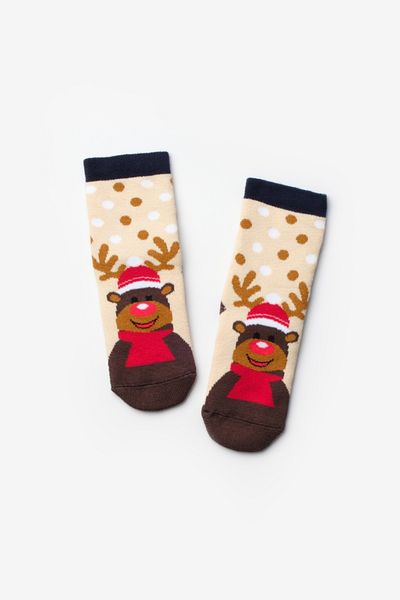 Le Mabelle Beige Polka Dot Deer Patterned Girls' Christmas Socks