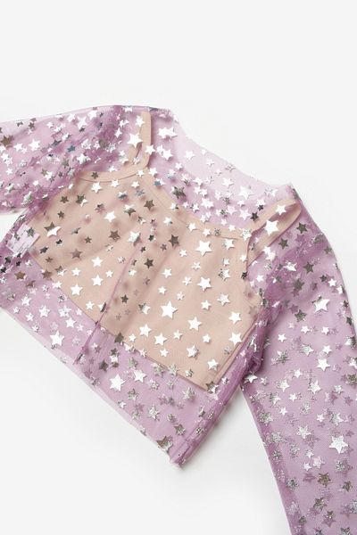 Le Mabelle Girl's Lilac Starry Long Sleeve Crop Tulle