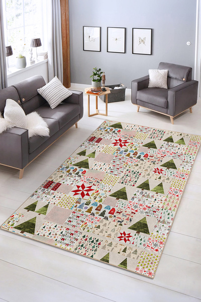 Realhomes Yılbaşı Temalı Kaymaz Taban Yıkanabilir Dikdörtgen Salon Halısı