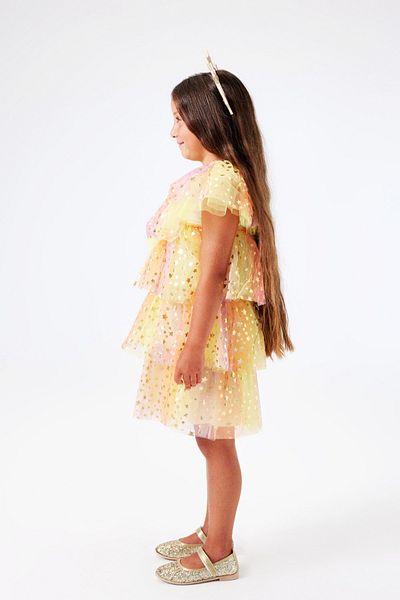 Le Mabelle STar PrinTed Yellow Layered Tulle Girl's Dress - Estela