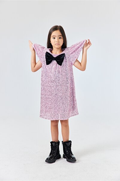 Le Mabelle Pink Sequin Bow Detailed Girl's Dress - Rhea