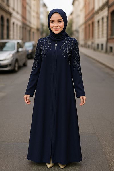 Neva Style Bead Embroidered Light Navy Blue Hijab Abaya 29110Al