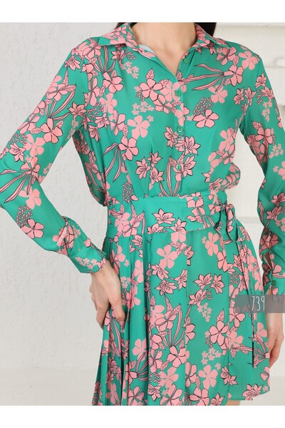 gökçesu Women's Shirt Dress with Patterned Tie Detail