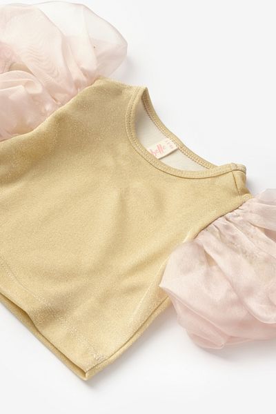 Le Mabelle Girl's Crop - Gold Color, Tulle Sleeve and Glitter Detail