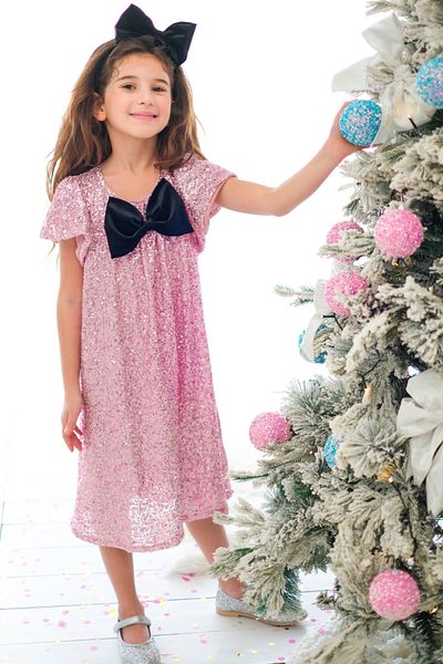 Le Mabelle Pink Sequin Bow Detailed Girl's Dress - Rhea