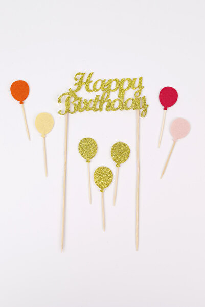Le Mabelle Altın Happy Birthday Balon Pasta Süsü