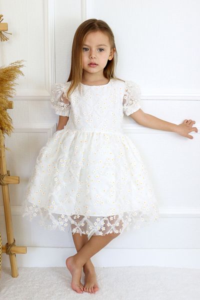 Le Mabelle White Short Sleeve Daisy Tulle Girl's Dress - Hillary