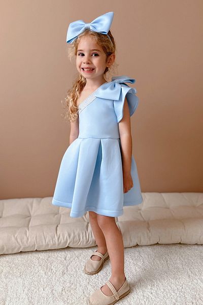 Le Mabelle Blue Ruffled One-Shoulder Bow Detailed Girl's Dress - Mildred