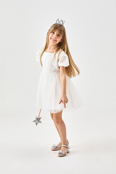 Le Mabelle White Short Sleeve Scallop Blouse and Tulle Skirt Girls' Dress - Marcia