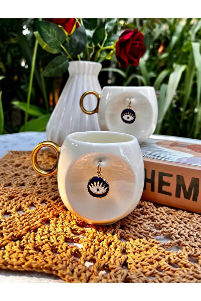 MAMALİZA Set of 2 250 ml Gold Handled Mugs with Evil Eye Symbol