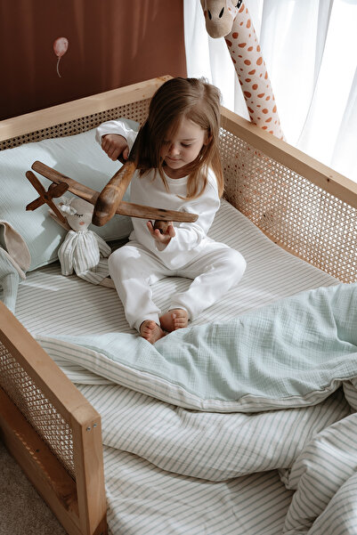 TBA COLLECTION Set de lenjerie de pat Montessori din muselină (100x200) | Seria Line - Albastru