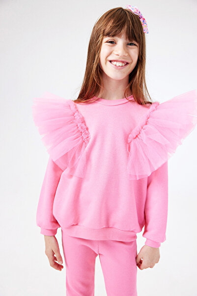 Le Mabelle Malory Girl's Tracksuit Set - Pink, Tulle Detailed Shoulders