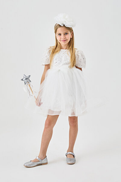 Le Mabelle Rochie de fetiță cu mărgele albe cu paiete - Gloria