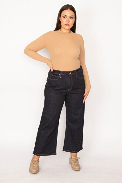 Şans Γυναικείο Plus μέγεθος Navy Blue Φαρδύ πόδι ψηλόμεσο 5 τσέπες Lycra τζιν 65n29279