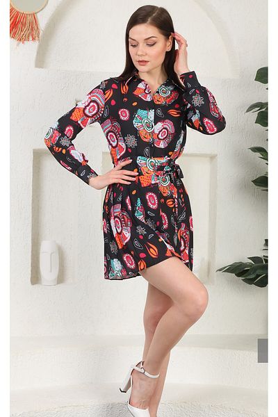 gökçesu Women's Shirt Dress with Patterned Tie Detail