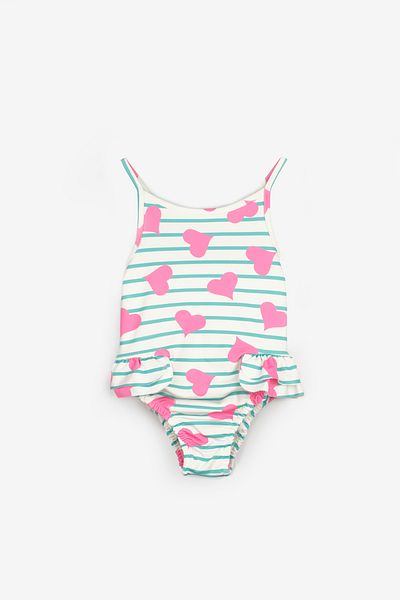 Le Mabelle Ecru Heart Patterned Girl's Swimsuit