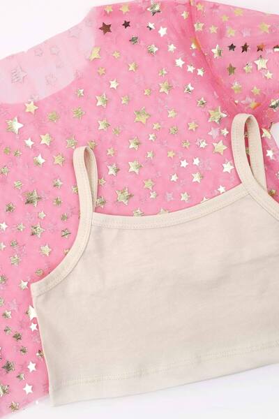 Le Mabelle Pink Star Printed Girl's Tulle Crop