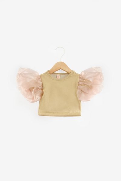 Le Mabelle Girl's Crop - Gold Color, Tulle Sleeve and Glitter Detail
