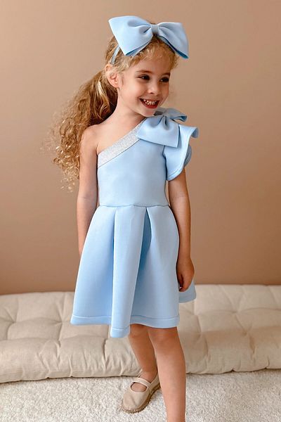 Le Mabelle Blue Ruffled One-Shoulder Bow Detailed Girl's Dress - Mildred