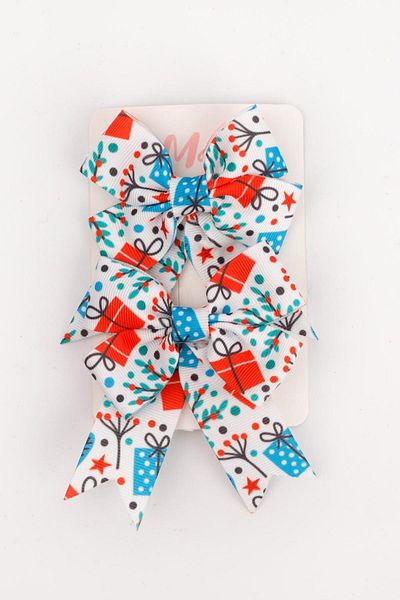 Le Mabelle White Gift Package Printed Pack of 2 Girls' Bow Clip Buckle