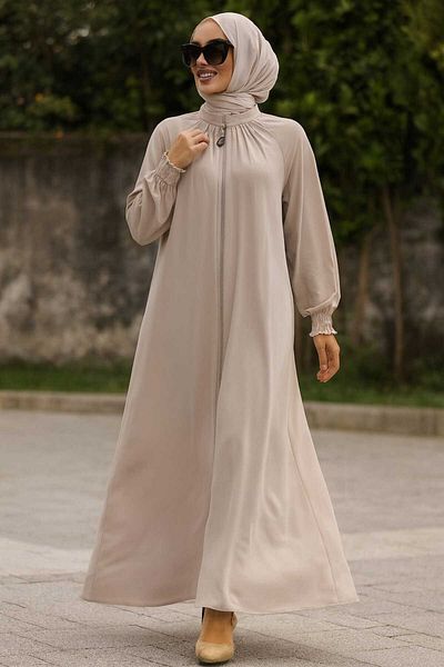 Neva Style Beige Hijab Ferace - Zippered, Model 45293Beige