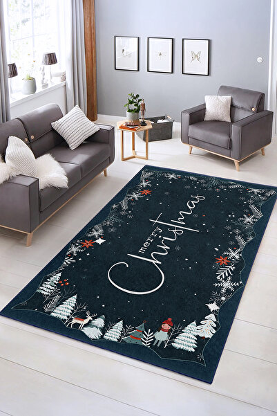 Realhomes Kış Manzaralı Yılbaşı Temalı Kaymaz Taban Yıkanabilir Salon Halısı