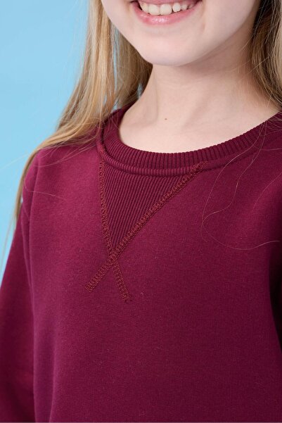 Perendi Unisex Basic Bisiklet Yaka Şardonlu Kışlık Sweatshirt - Bordo