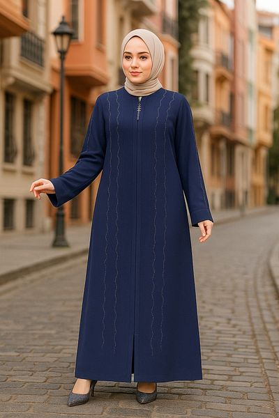 Neva Style Bead Embroidered Navy Blue Hijab Ferace 29113L