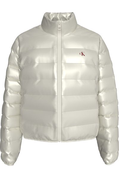 Calvin Klein Women's Stand Collar White Coat with Brand Logo