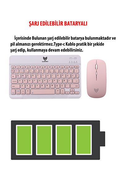 Blueforce Km-33 Çift Modlu Wireless Bluetooth Kablosuz Klavye Mouse Set Pembe Pc, Tablet, Telefon, Tv Uyumlu
