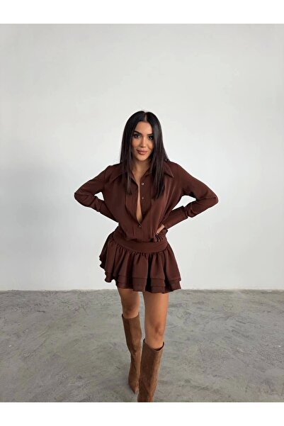Diemmood Kadın Kahverengi Gömlek Yaka Volanlı Pileli Mini Elbise