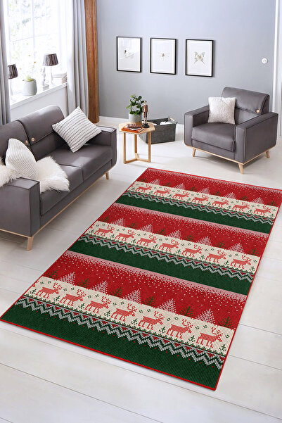 Realhomes Yılbaşı Temalı Renkli Dijital Baskılı Kaymaz Taban Halı