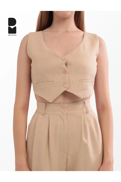 Diemmood Vestă casual crop pentru femei Camel