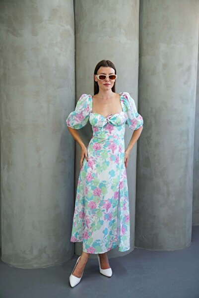 Diemmood Rochie midi de damă cu imprimeu floral, mâneci tip pepene și șliț