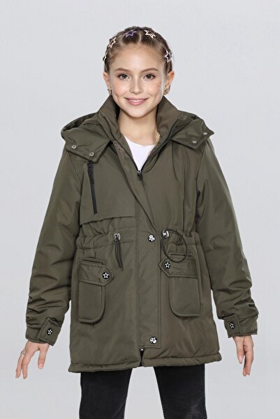 BY GAZİ KIZ ÇOCUK KAPÜŞONLU BEL LASTİKLİ SU GEÇİRMEZ CEPLİ FERMUARLI KOLLARI RİBANALI MONT