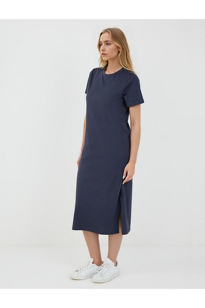 Jimmy Key Navy Blue 100% Cotton Round Neck Short Sleeve Midi Dress