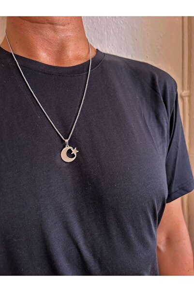 axexuar Moon Star 316L Steel Chain Steel Pendant Silver Gray Color Stainless 55cm