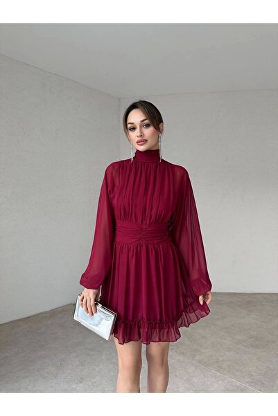 Diemmood Kadın Dik Yaka Sırt Dekolteli Şifon Drapeli Elbise