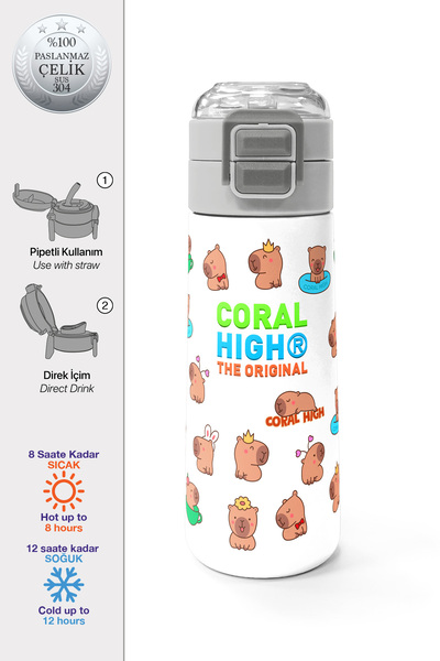 Coral High Kids Capybara Patterned Steel Thermos with Straw and Direct Drinking 500 ml 31794