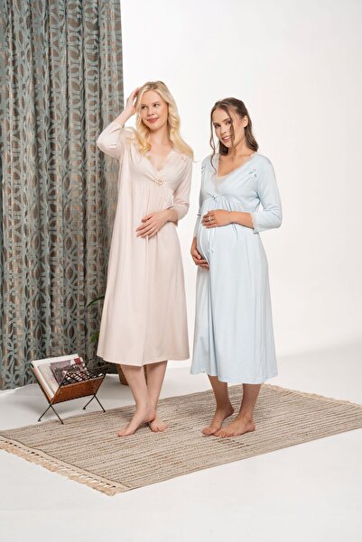Pelin Women's Blue Lace Detailed Maternity Nightgown