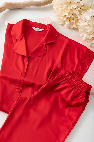 nisaNCa Premium Satin Dowry Women's Pajama Set – Red Satin Pajamas, Lace Detail, Gift Box