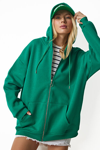 Lovelyİstanbul Kapüşonlu Fermuarlı Oversize Sweatshirt YEŞİL LUB0002