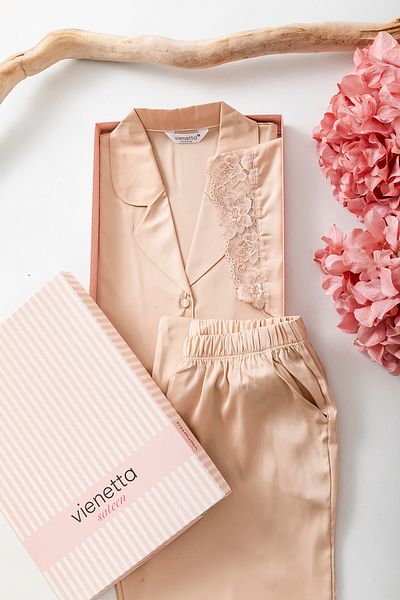 nisaNCa Luxury Boxed Satin Pajamas Set – Lace Sleeves, Long Sleeves, Korean Silk Texture, Dowry Gift Seçen