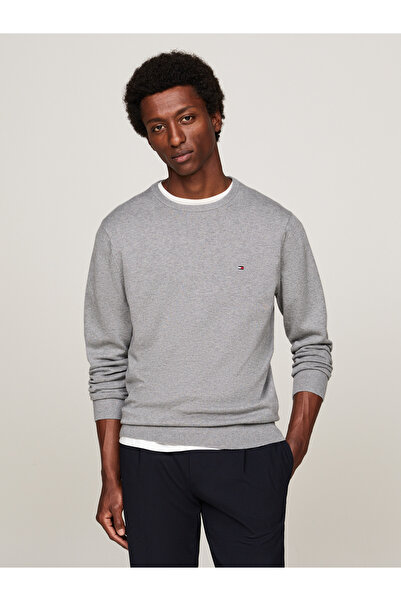 Tommy Hilfiger Erkek Marka Logolu Organik Pamuklu Günlük Kullanıma Uygun Gri Kazak MW0MW14748 P4A