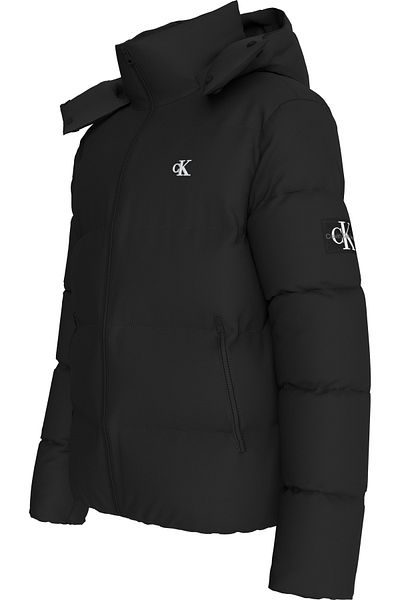 Calvin Klein Palton negru de iarnă pentru bărbați, căptușit cu pene, cu glugă, cu fermoar J30J325946 BEH