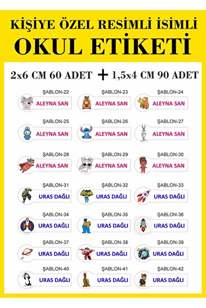 MOD KİŞİYE ÖZEL İSİMLİ RESİMLİ OKUL ETİKETİ DEFTER KALEM ETİKETİ 2 BOY 150 Adet