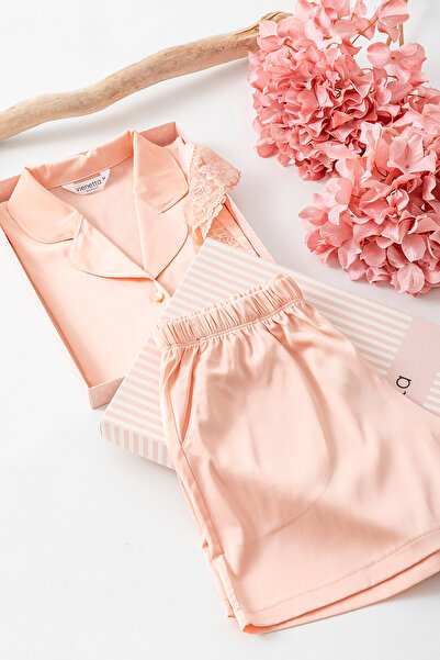 nisaNCa Luxury Boxed Satin Shirt Shorts Pajamas Set – Lace Sleeves, Korean Silk Texture