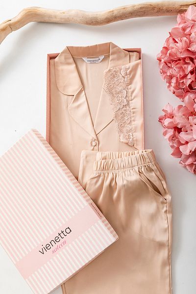 nisaNCa Premium Satin Dowry Women's Pajamas Set – Korean Silk Texture, Lace Detailing, Gift Box Short